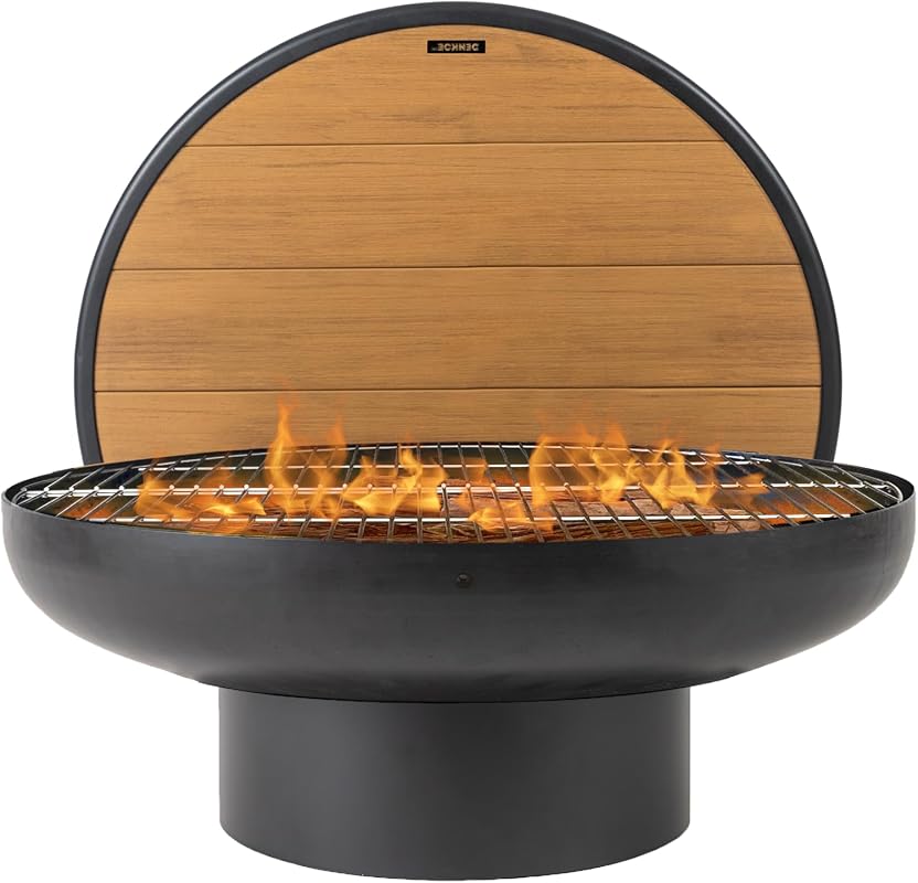 DENKOE 32-Inch Round Wood-Burning Fire Pit Table with Grill and Deep Bowl