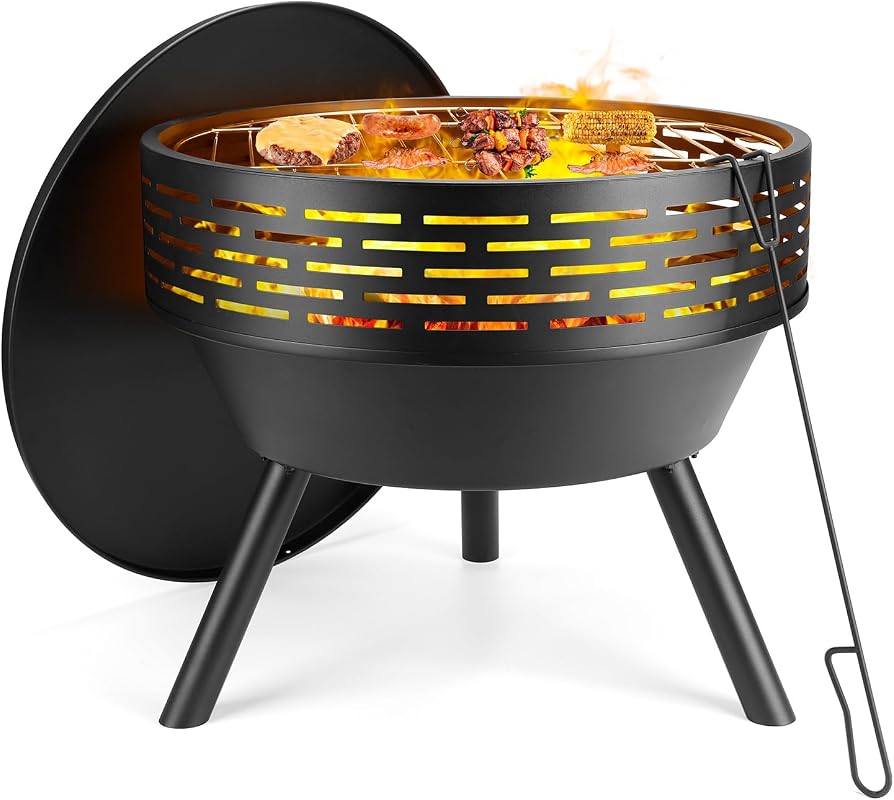 23-inch cast iron fire pit with grill, lid, and poker
