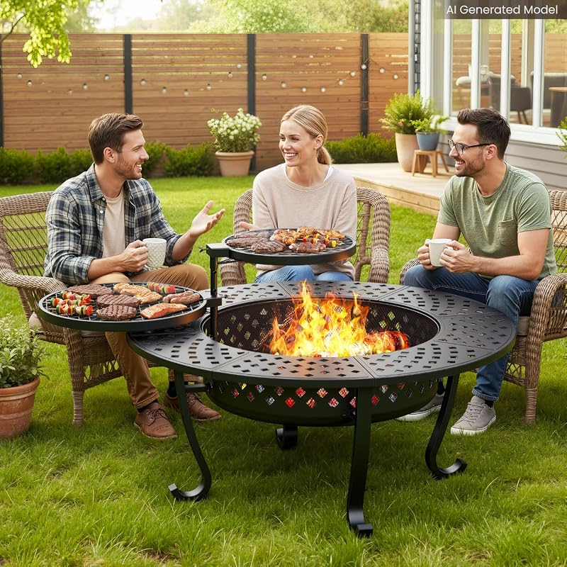 3-in-1 43-Inch Large Wood-Burning Fire Pit with Dual Adjustable Grills