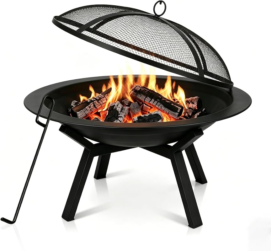 Outdoor Wood Burning Fire Pit, Heavy-Duty Steel Bowl with Spark Screen