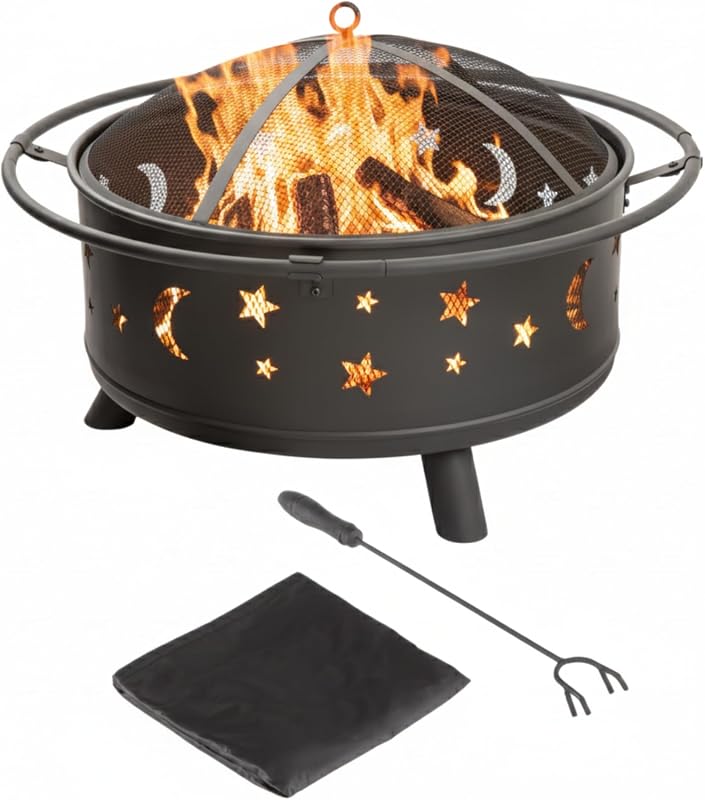 Pure Garden 32-Inch Round Outdoor Fire Pit with Star Cutouts, Black